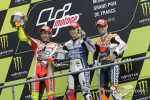 2012 French GP podium: Race winner Jorge Lorenzo, Yamaha Factory Racing, second place Valentino Rossi, Ducati Marlboro Team, third place Casey Stoner, Repsol Honda Team