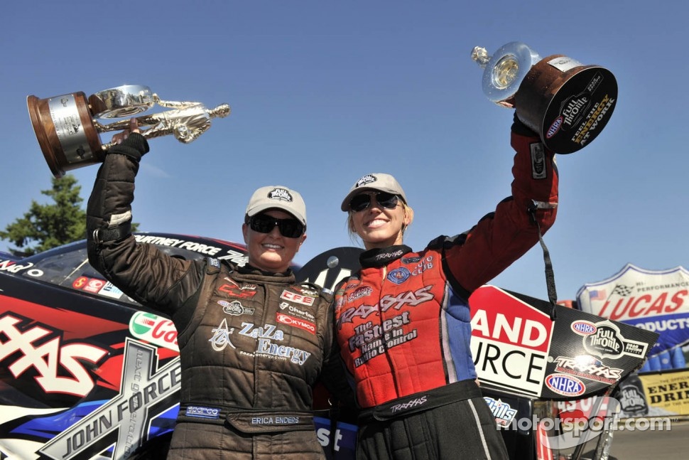 Erica Enders and Courtney Force celebrate their wins