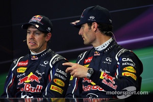 Qualifying FIA Press Conference, Sebastian Vettel, Red Bull Racing, pole position; Mark Webber, Red Bull Racing, third