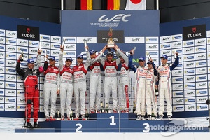 Podium: overall winners Tom Kristensen, Allan McNish, Loic Duval, second place Marcel Fässler, Benoit Tréluyer, Andre Lotterer, third place Sebastien Buemi, Anthony Davidson, Stéphane Sarrazin