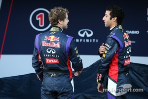 (L to R): Sebastian Vettel, Red Bull Racing with team mate Daniel Ricciardo, Red Bull Racing at the unveiling of the Red Bull Racing RB10