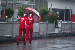 Ferrari staff in the rain in the paddock