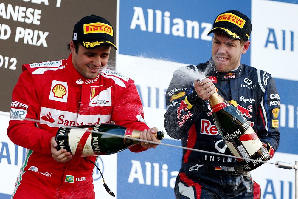 Podium: Felipe Massa, Ferrari, second place, Sebastian Vettel, Red Bull Racing, race winner