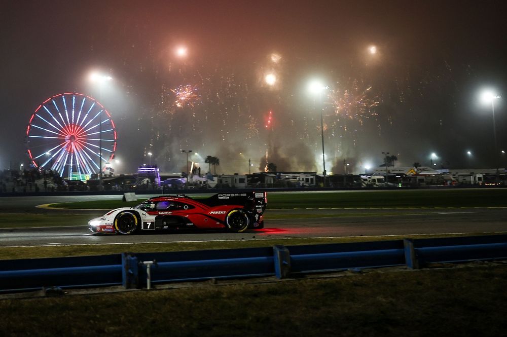 The #7 Porsche Penske Motorsport Porsche 963 GTP of Felipe Nasr, Julien Andlauer, Laurin Heinrich drives during the Rolex 24 