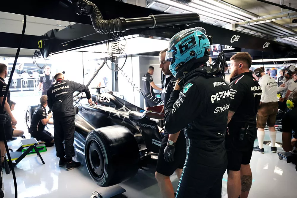 George Russell, Mercedes-AMG, in the garage