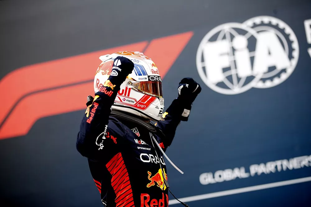 Max Verstappen, Red Bull Racing, 1st position, celebrates on arrival in Parc Ferme