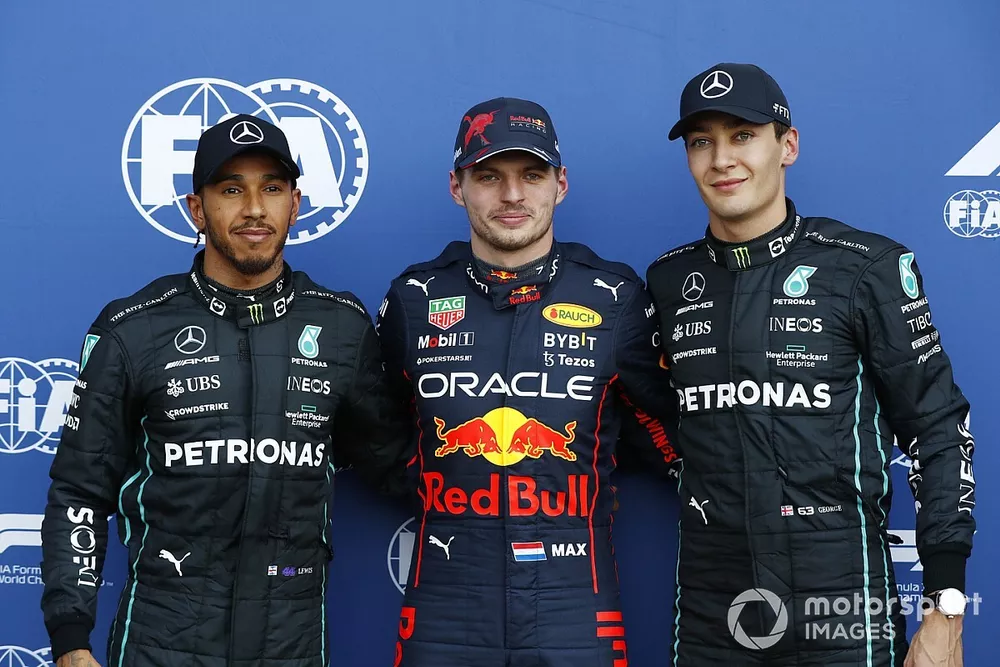 Top three qualifiers Lewis Hamilton, Mercedes AMG, pole man Max Verstappen, Red Bull Racing, George Russell, Mercedes AMG