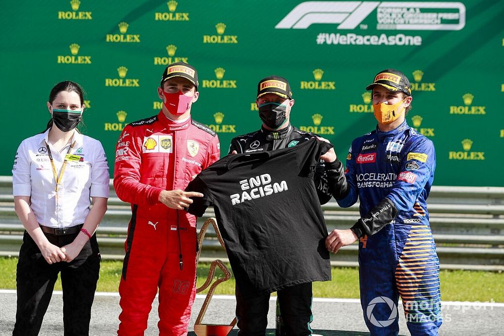 Podio: tercer lugar Lando Norris, McLaren, ganador Valtteri Bottas, Mercedes-AMG Petronas F1 y segundo lugar Charles Leclerc, Ferrari 