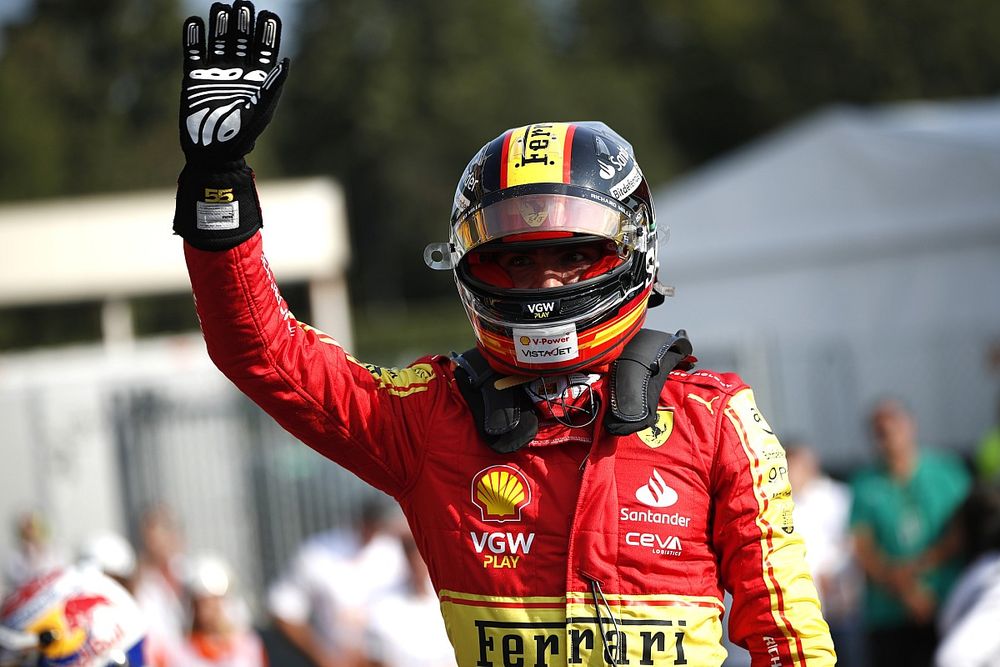 Pole man Carlos Sainz, Scuderia Ferrari, celebrates in Parc Ferme