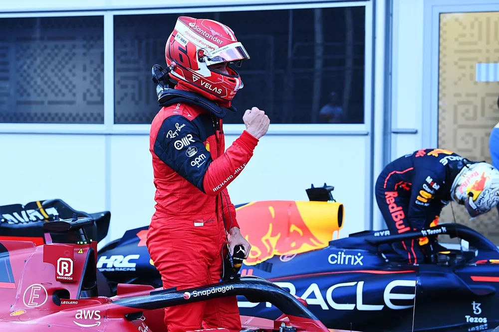 Pole man Charles Leclerc, Ferrari, celebrates in Parc Ferme after Qualifying