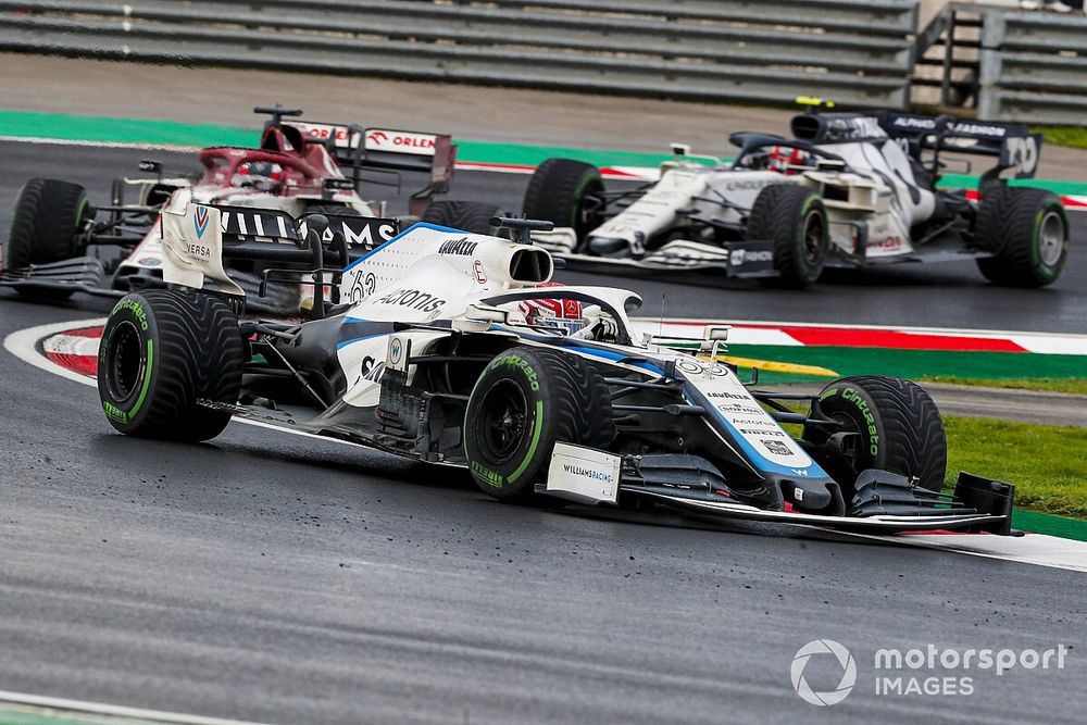 George Russell, Williams FW43, Kimi Raikkonen, Alfa Romeo Racing C39, and Pierre Gasly, AlphaTauri AT01