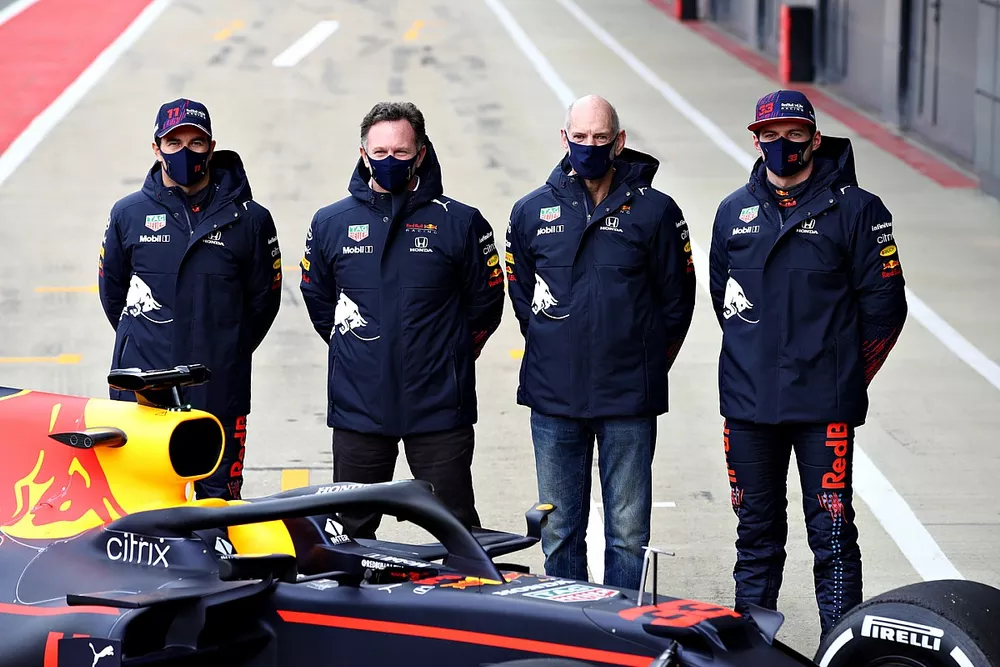 Sergio Perez, Red Bull Racing, Red Bull Racing Team Principal Christian Horner, Adrian Newey, the Chief Technical Officer of Red Bull Racing, Max Verstappen, Red Bull Racing
