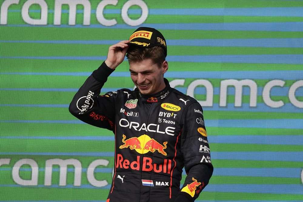 Max Verstappen, Red Bull Racing, 1st position, on the podium