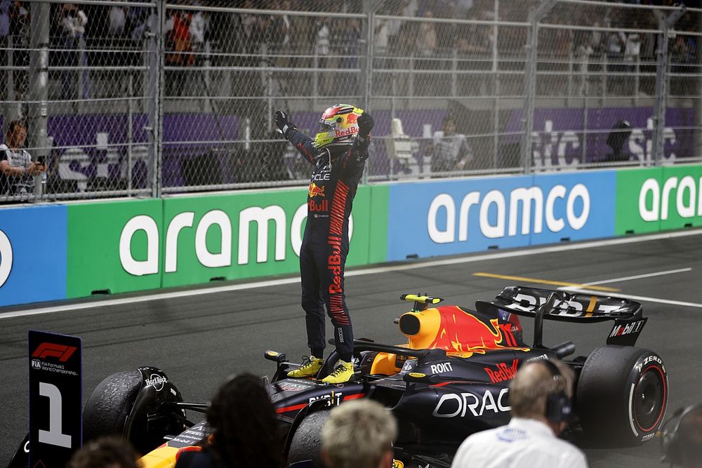 Sergio Perez, Red Bull Racing, 1st position, celebrates