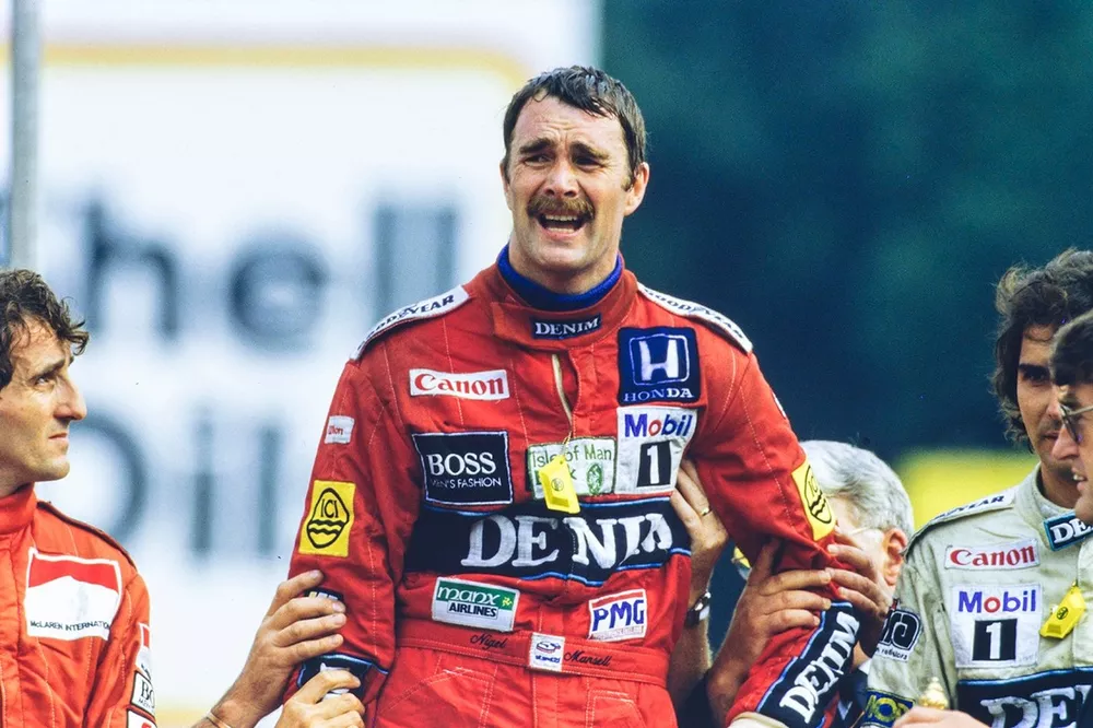Nigel Mansell, first position, Nelson Piquet, second position, and Alain Prost, third position
