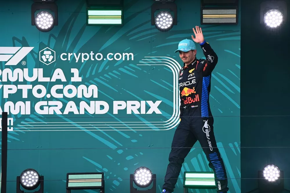 Max Verstappen, Red Bull Racing, 2nd position, arrives on the podium