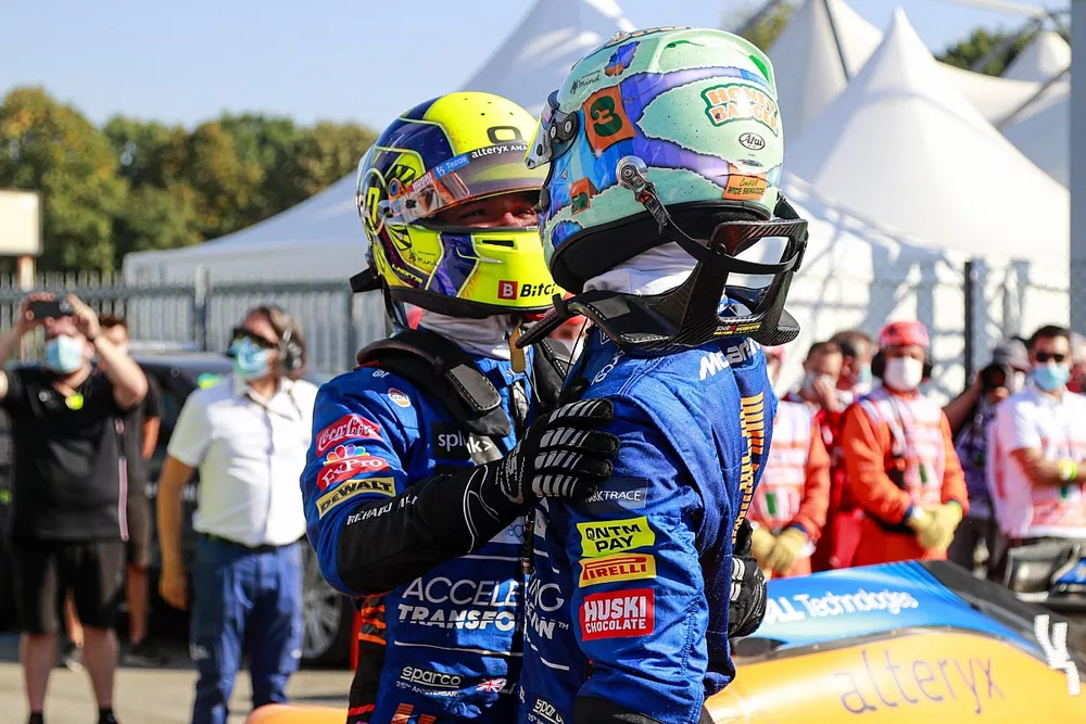 Lando Norris, McLaren, 2nd position, and Daniel Ricciardo, McLaren, 1st position, congratulate each other in Parc Ferme