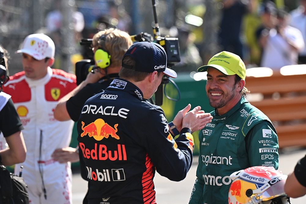 Pole man Max Verstappen, Red Bull Racing, speaks with Fernando Alonso, Aston Martin F1 Team, in Parc Ferme