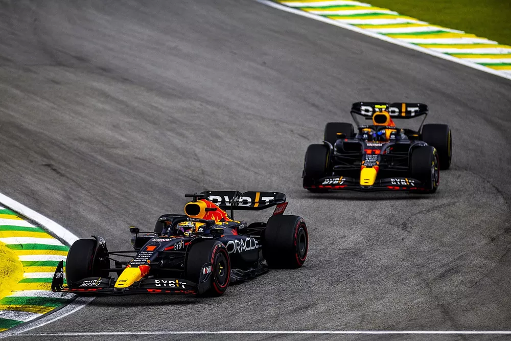 Max Verstappen, Red Bull Racing RB18, leads Sergio Perez, Red Bull Racing RB18