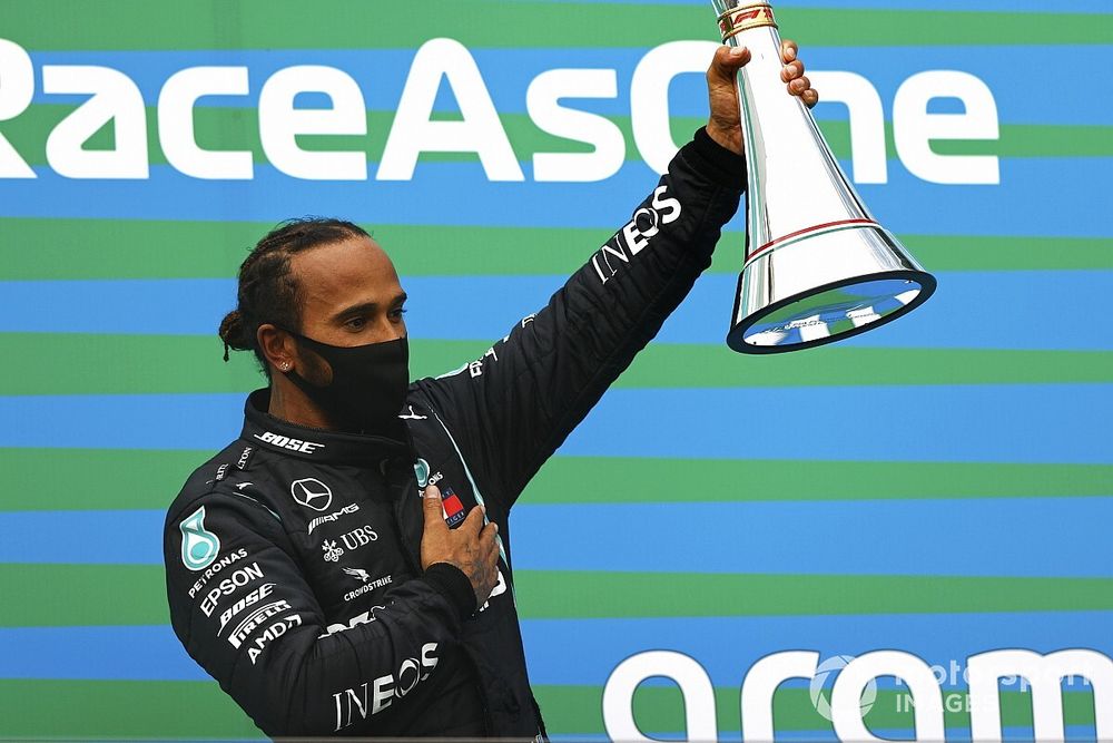 Lewis Hamilton, Mercedes-AMG Petronas F1, on the podium