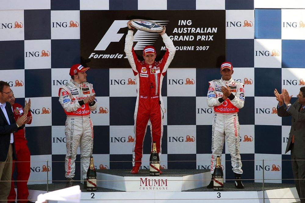 Podium: race winner Kimi Raikkonen, Ferrari, second place Fernando Alonso, McLaren, third placed Lewis Hamilton, McLaren  