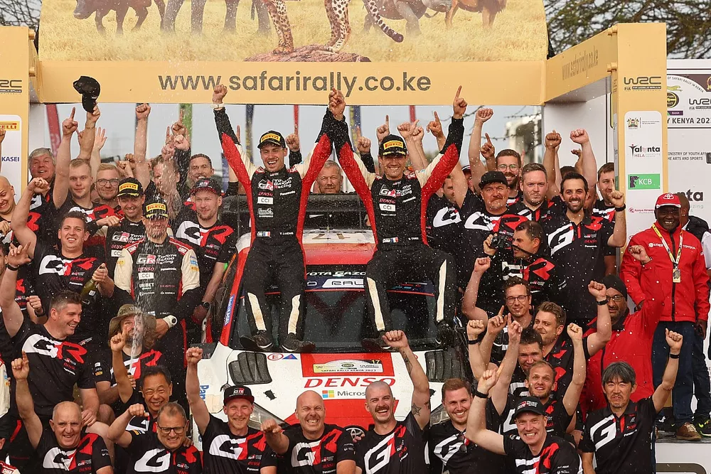 Winners S&eacute;bastien Ogier, Vincent Landais, Toyota Gazoo Racing WRT Toyota GR Yaris Rally1 with the team