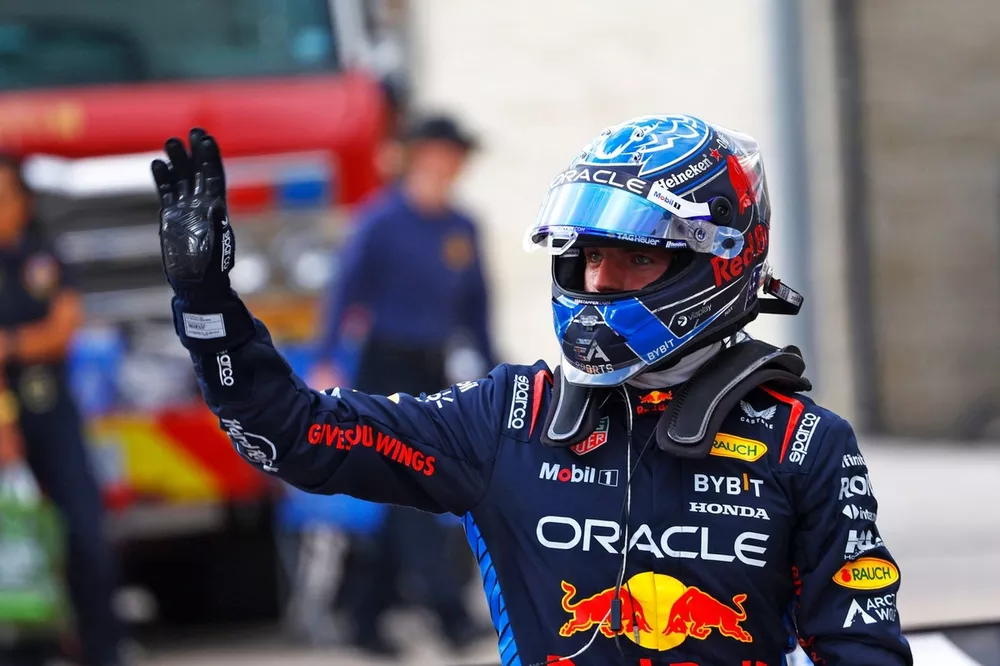 Sprint pole man Max Verstappen, Red Bull Racing, celebrates in Parc Ferme