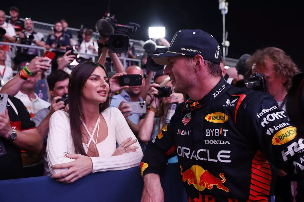 Max Verstappen, Red Bull Racing, 2nd position and 2023 drivers world champion, with Kelly Piquet in Parc Ferme after the Sprint race