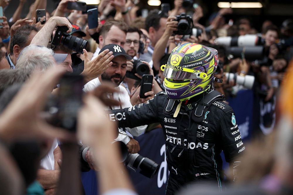 Lewis Hamilton, Mercedes-AMG, 2nd position, arrives in Parc Ferme