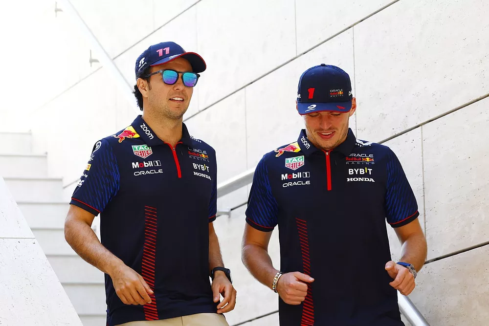 Sergio Perez, Red Bull Racing, with Max Verstappen, Red Bull Racing 