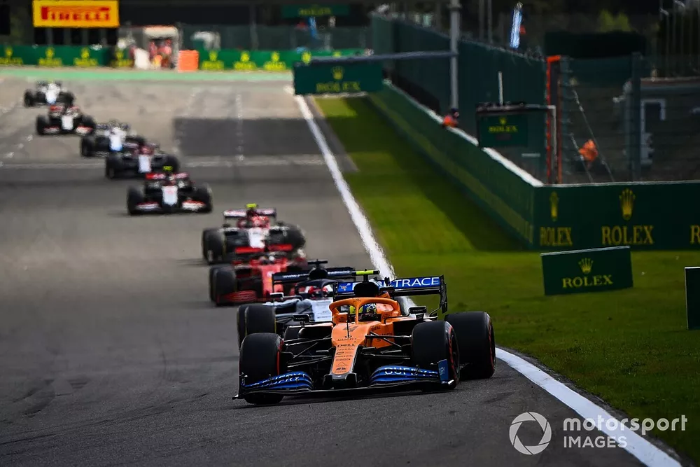 Lando Norris, McLaren MCL35, Daniil Kvyat, AlphaTauri AT01, Sebastian Vettel, Ferrari SF1000, and Antonio Giovinazzi, Alfa Romeo Racing C39