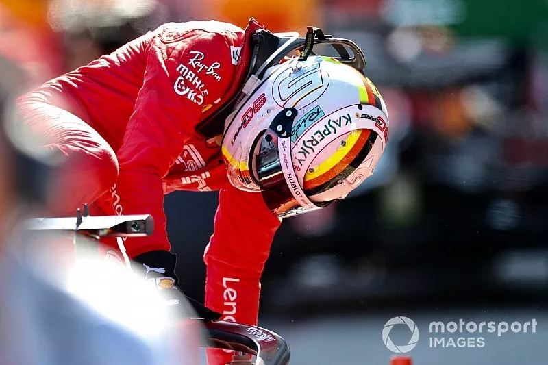 Sebastian Vettel, Ferrari, arrivant au parc ferm&eacute; apr&egrave;s la course