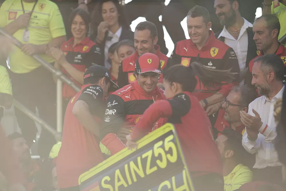 Carlos Sainz, Ferrari, 1st position, Charles Leclerc, Ferrari, the Ferrari team celebrate victory