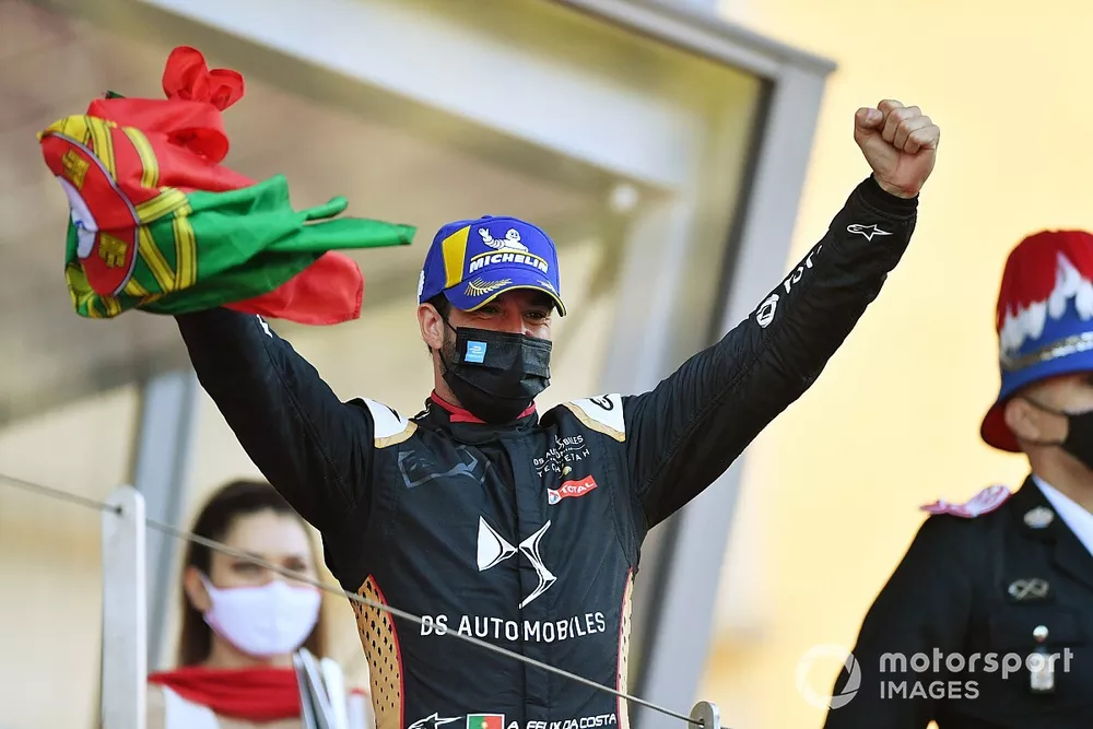 Antonio Felix Da Costa, DS Techeetah, celebrates with a Portuguese flag on the podium