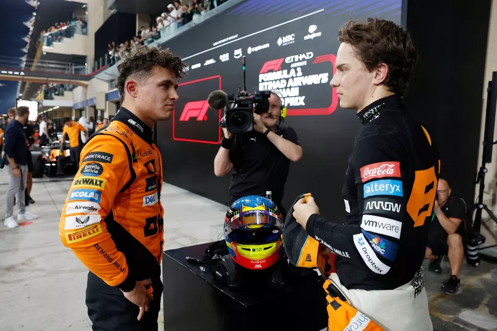 Pole man Lando Norris, McLaren F1 Team, Oscar Piastri, McLaren F1 Team, talk in Parc Ferme