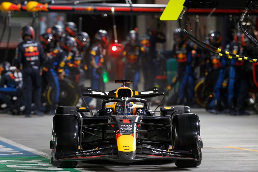 Max Verstappen, Red Bull Racing RB20, leaves his pit box after a stop