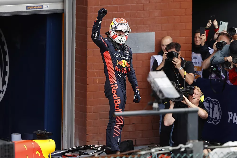 Max Verstappen, Red Bull Racing, 1st position, celebrates on arrival in Parc Ferme