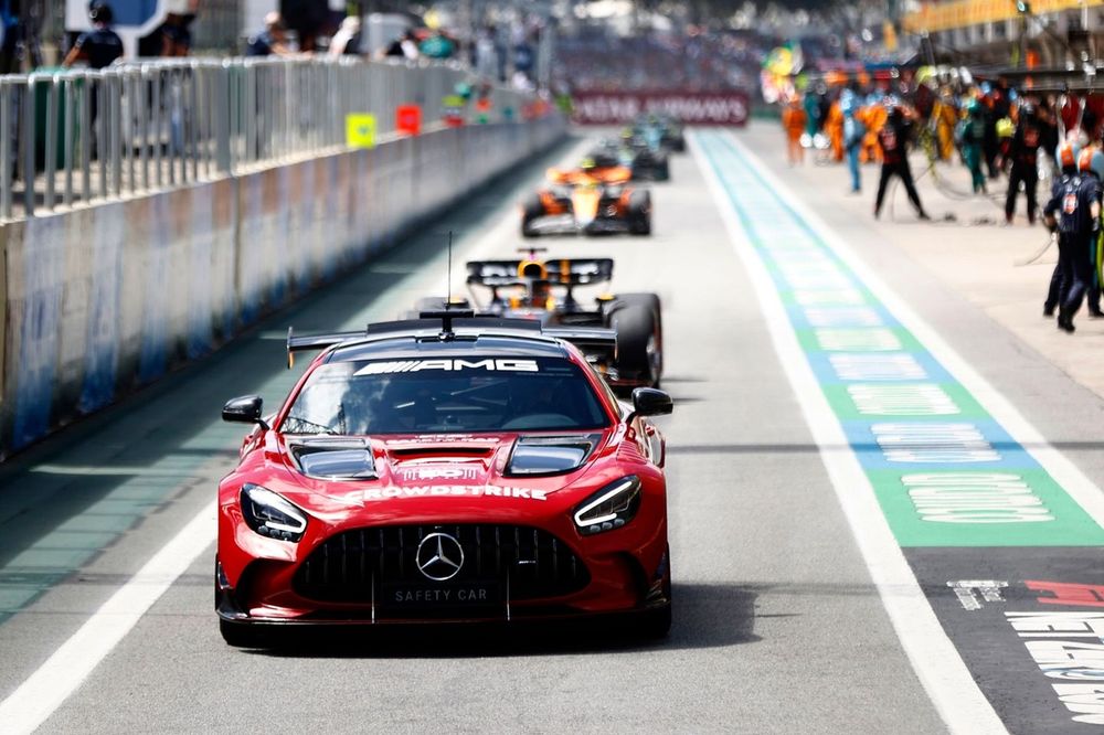 The Mercedes AMG One Safety Car in the pit lane