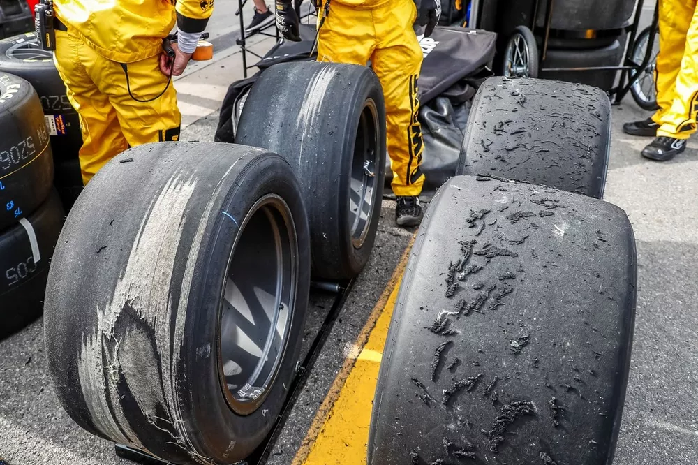 Corded Goodyear tires after several laps