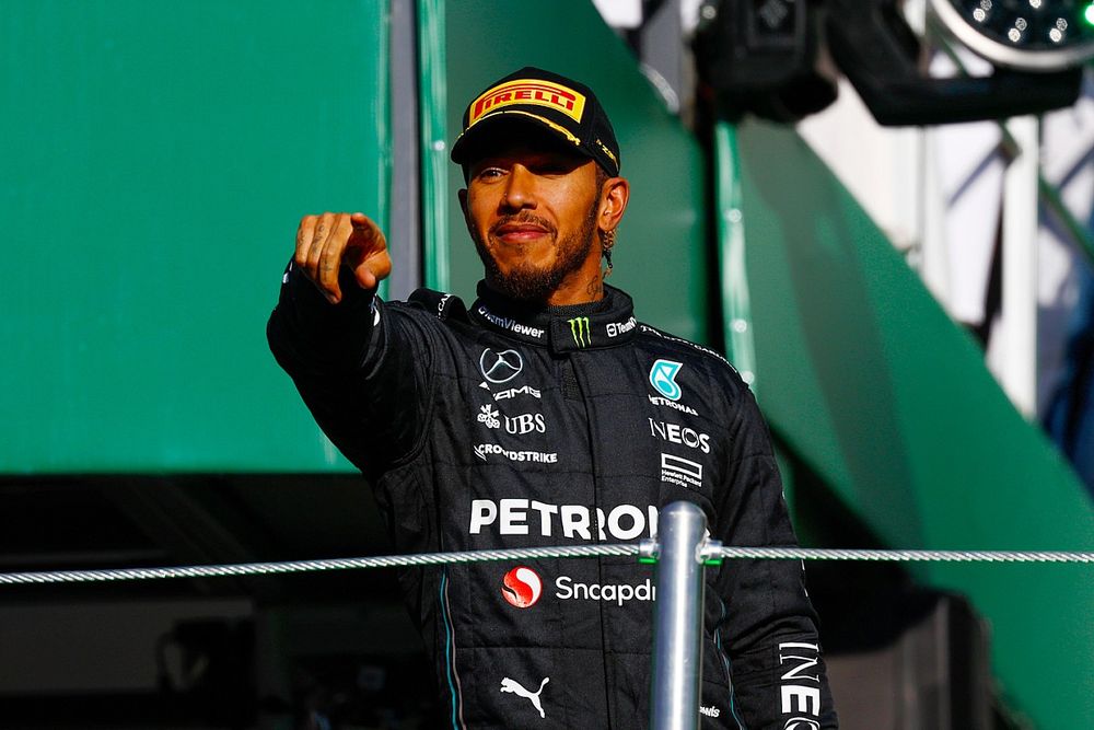 Lewis Hamilton, Mercedes-AMG, 2nd position, on the podium