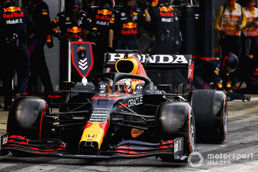 Max Verstappen, Red Bull Racing RB16B, leaves the pits