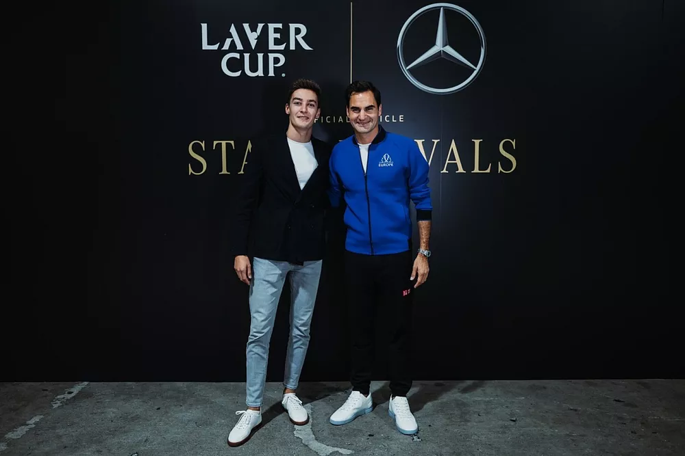 George Russell con Roger Federer en su último partido de tenis