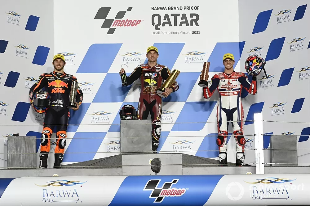 Sam Lowes, Marc VDS Racing Team, Remy Gardner, Red Bull KTM Ajo, Fabio di Giannantonio, Federal Oil Gresini Moto2 sur le podium