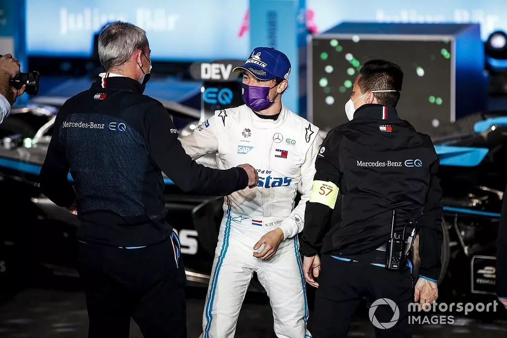 Race winner Nyck de Vries, Mercedes Benz EQ celebrates in Parc Ferme 
