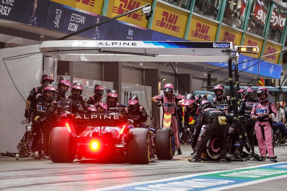 Esteban Ocon, Alpine A524, makes a pit stop
