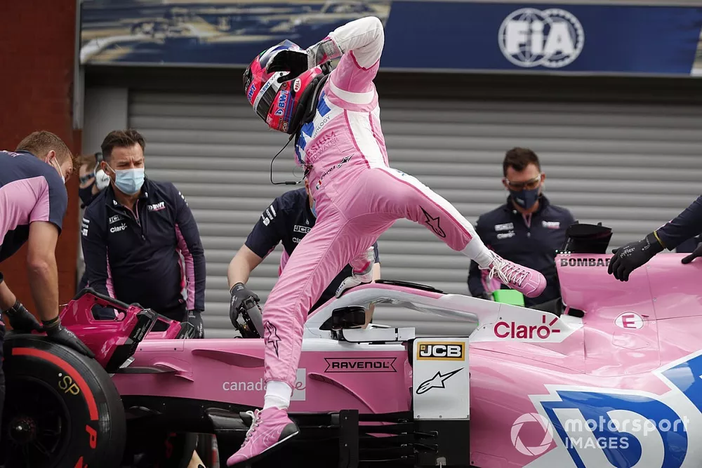 Sergio Perez, Racing Point, jumps out of his car