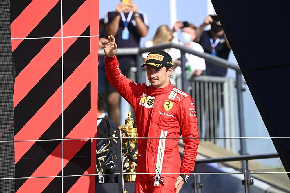 Charles Leclerc, Ferrari, 2nd position, arrives on the podium