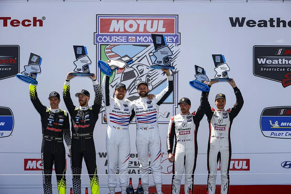 Podio de GTD PRO, #79: WeatherTech Racing, Mercedes AMG GT3, GTD PRO: Daniel Juncadella, Jules Gounon, #14: Vasser Sullivan, Lexus RC F GT3, GTD PRO: Jack Hawksworth, Ben Barnicoat, #9: Pfaff Motorsports, Porsche 911 GT3 R (992), GTD PRO: Klaus Bachler, Patrick Pilet