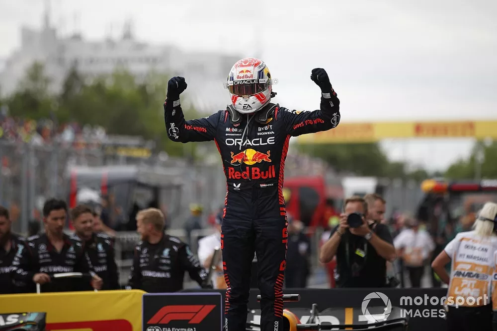 Max Verstappen, Red Bull Racing, 1st position, celebrates on arrival in Parc Ferme