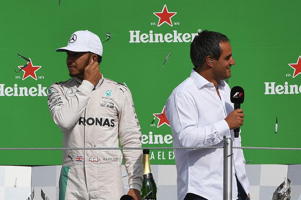 Podio: Lewis Hamilton, Mercedes AMG F1, Sebastian Vettel, Ferrari y Juan Pablo Montoya